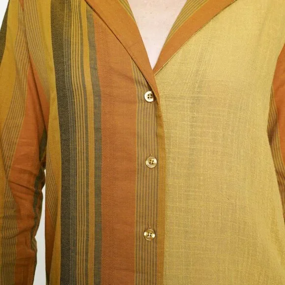 MYSTREE Mustard Rust Striped Button Down Shirt Dress Boho Fall Style - Picture 7 of 7